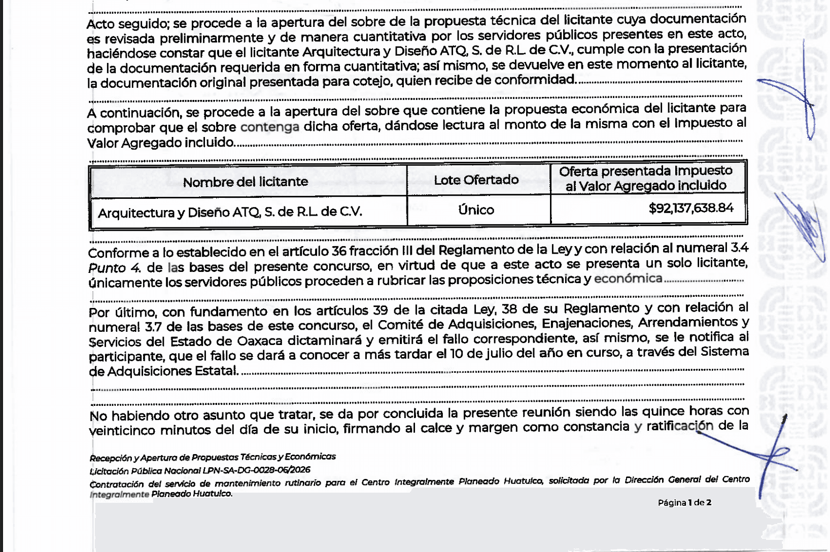 Fragmento del acta de apertura que identifica a Arquitectura y Diseño ATQ como único licitante y registra una oferta de 92 millones 137 mil 638 pesos con 84 centavos