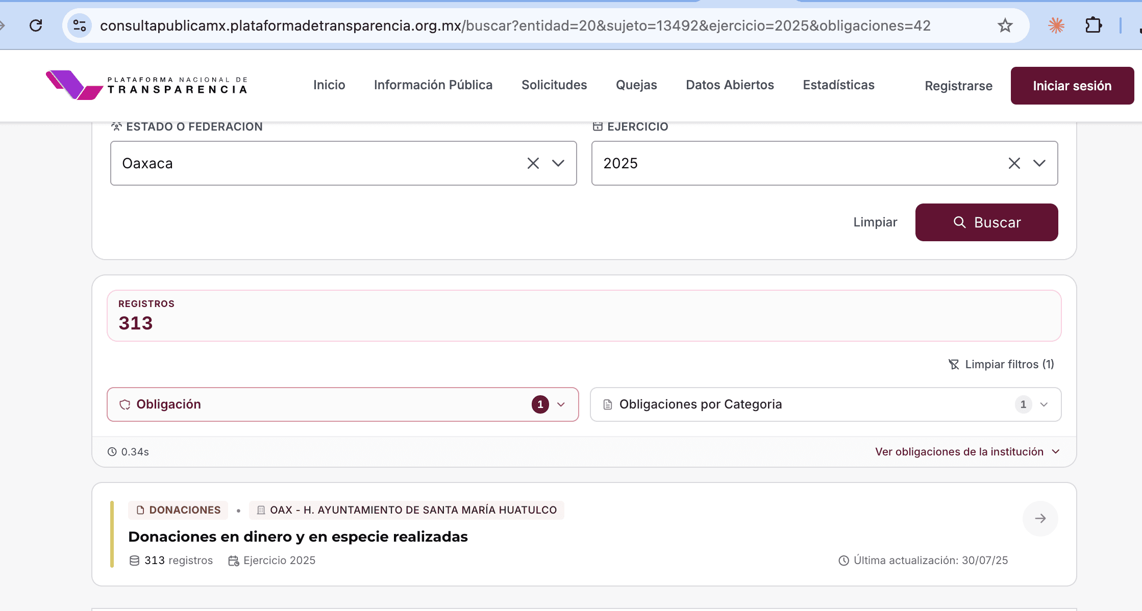 Consulta pública de la Plataforma Nacional de Transparencia que muestra 313 registros del Ayuntamiento de Santa María Huatulco en la obligación de donaciones de 2025