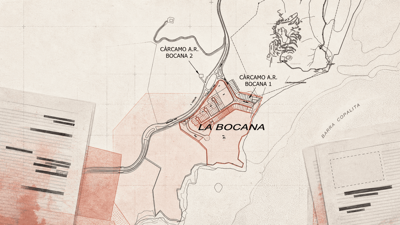 Plano de La Bocana intervenido con una delimitación roja y documentos parcialmente testados